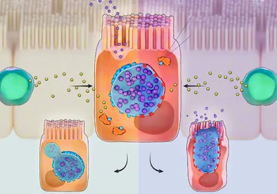 <em>Chlamydia</em> invades a host cell, forms a membrane-bound vacuole, or inclusion, and then modifies the protein composition of the structure&rsquo;s membrane. If immune cells detect <em>Chlamydia</em> before it forms the inclusion, they trigger T cells to produce interferon-&gamma; (IFN-&gamma;), a powerful cytokine. IFN-&gamma; activates the protein mysterin (also called RFN213), which attaches ubiquitin to the inclusion membrane, signaling the cell to destroy the inclusion&rsquo;s contents by dumping them into a lysosome (left). C. trachomatis produces GarD, a protein that integrates into the inclusion membrane itself and somehow prevents mysterin from attaching ubiquitin, allowing the bacterium to evade immune destruction while continuing to multiply and eventually bursting from the cell (right).